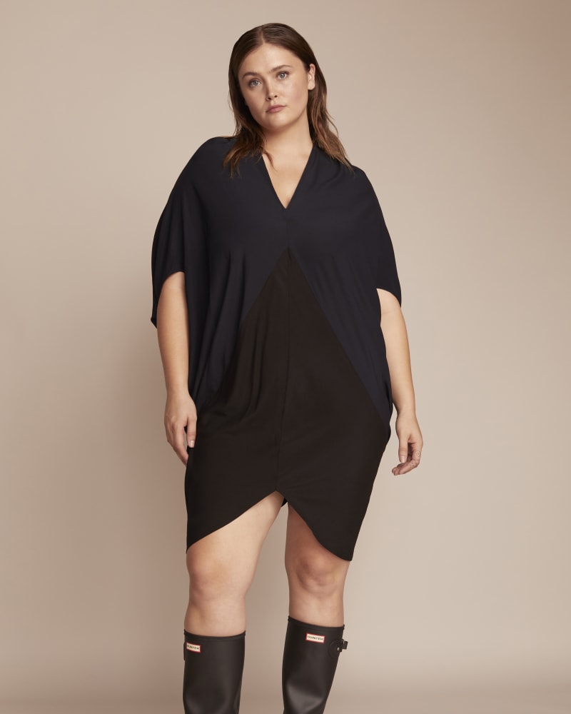 Front of a model wearing a size 18 Koya Dress in NAVY by Zero + Maria Cornejo. | dia_product_style_image_id:230661